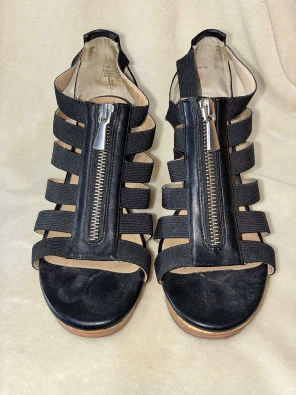 ABOUND Wedge Sandals Black Strappy Zip Fabric Uppers Faux Cork Sz 5.5M #ye